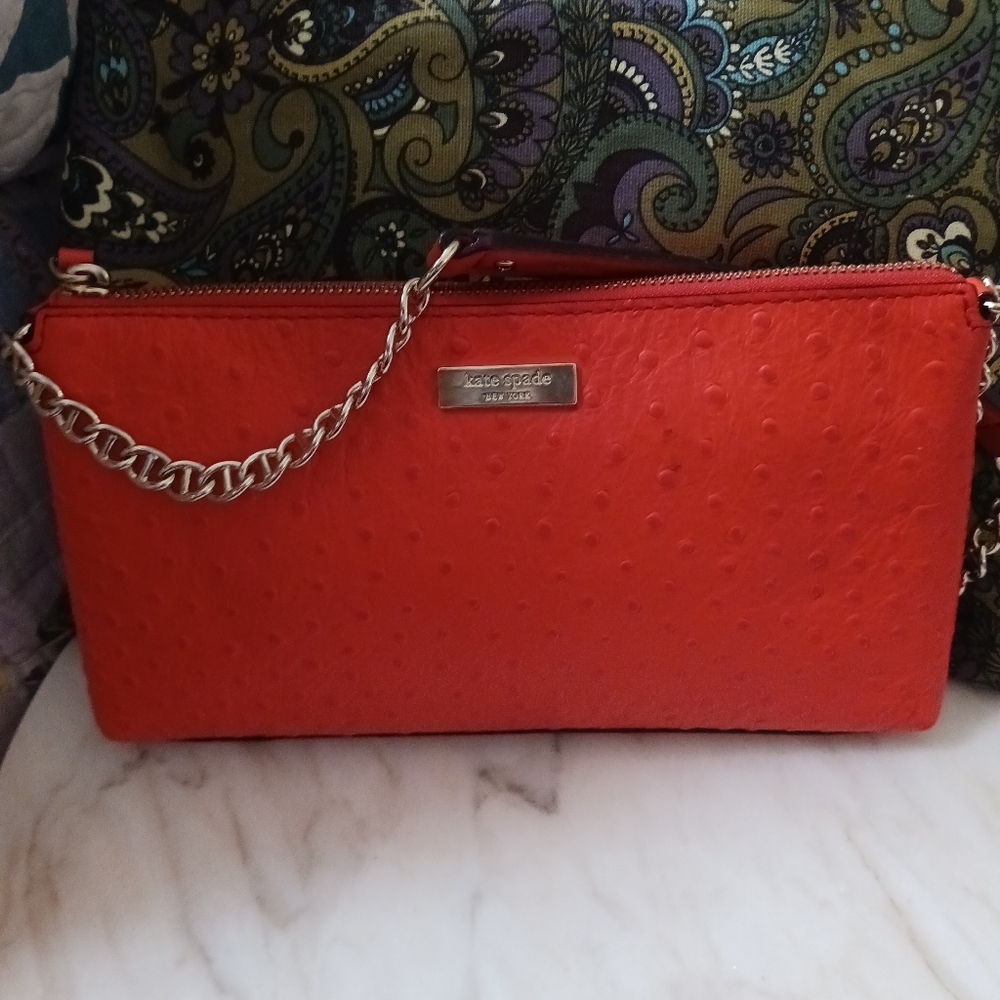NWOT Kate Spade Red Ostrich Embossed Shoulder Bag, Gold Chain Strap